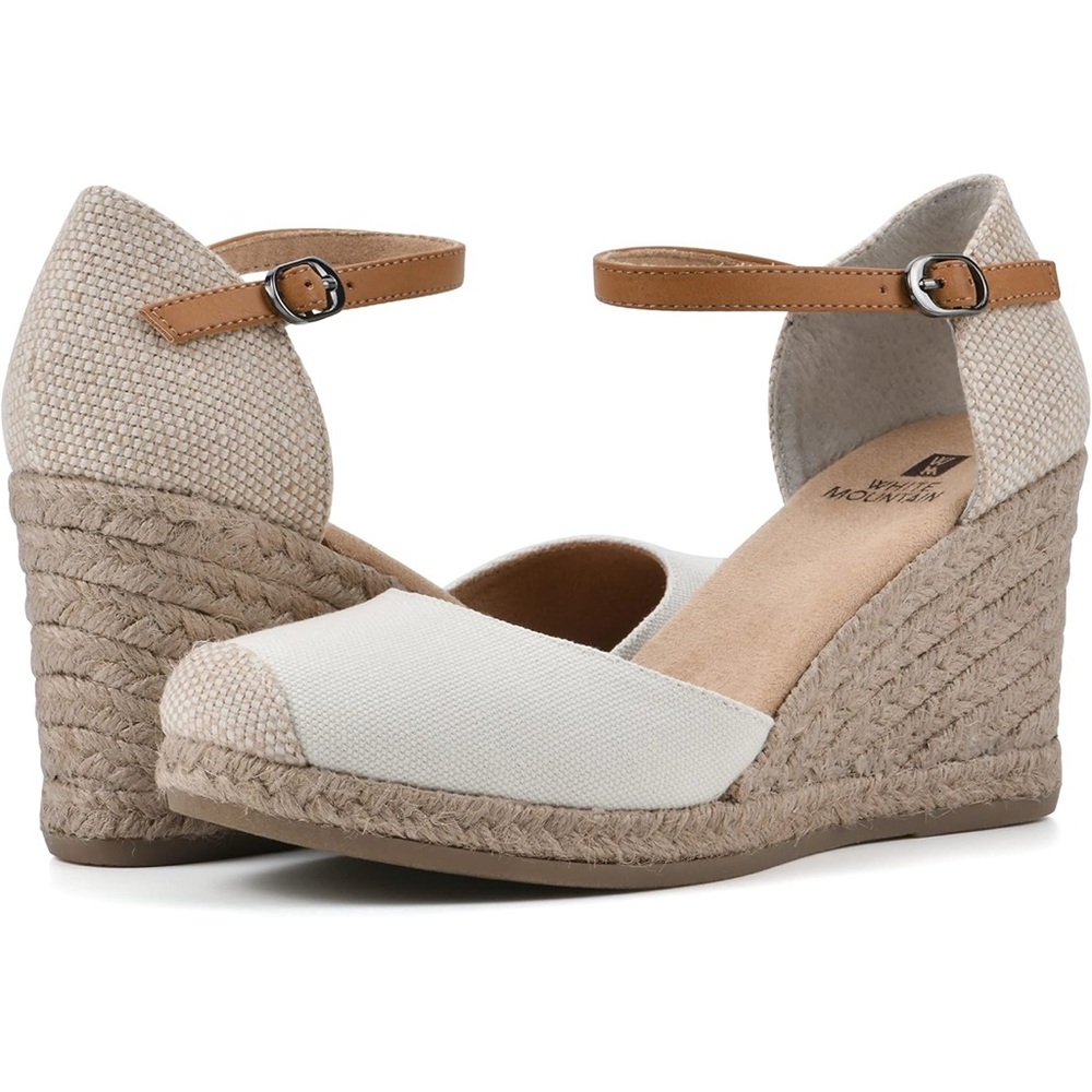 White Mountain Cream and Brown Wedge Espadrilles Sz 9 wide